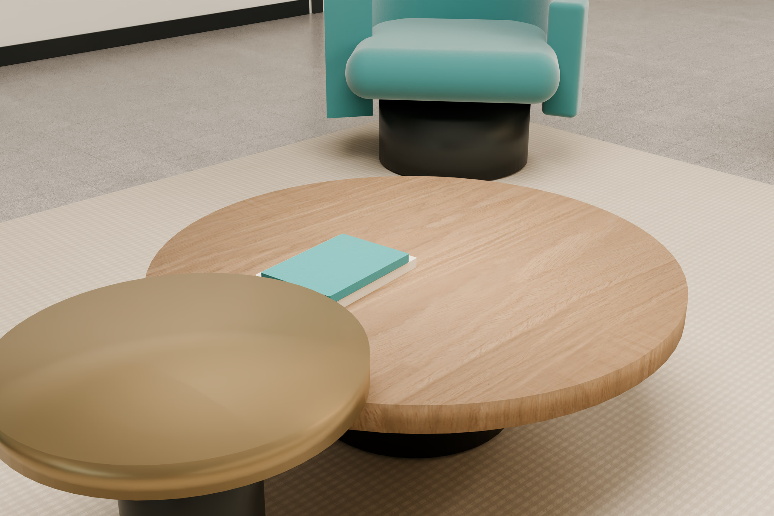 Turquoise lounge upholstery, wood tables and textured finishes in the PLANORA conceptual office.